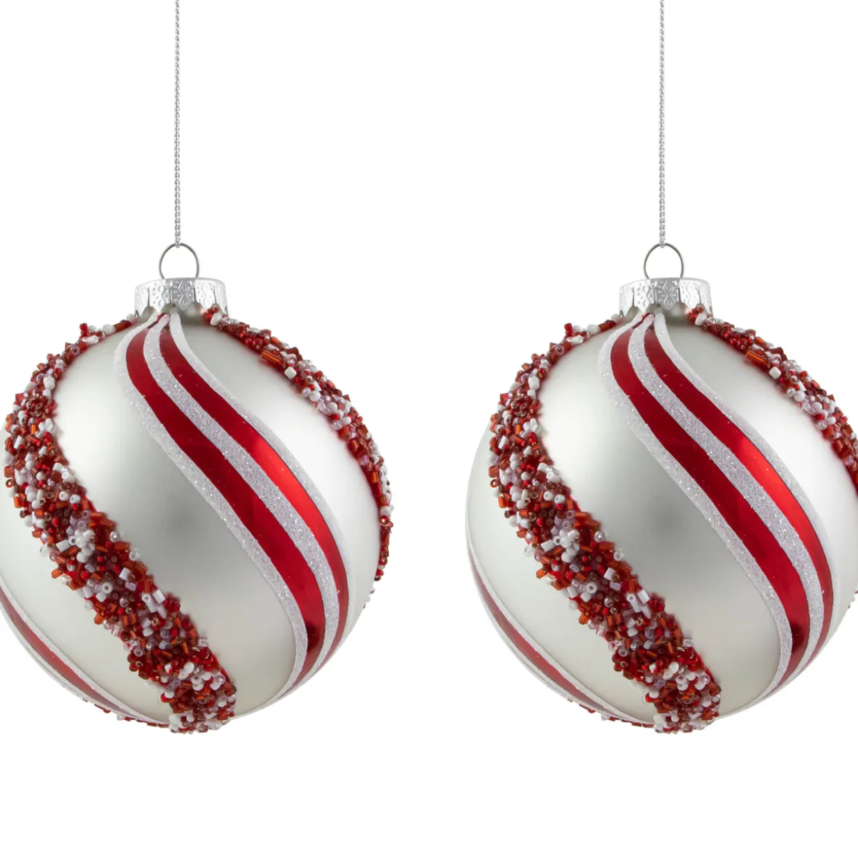 Set of 2 Silver with Red Glitter and Beads Striped Glass Christmas Ball Ornaments 4"