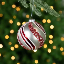 Set of 2 Silver with Red Glitter and Beads Striped Glass Christmas Ball Ornaments 4"