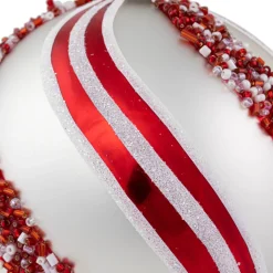 Set of 2 Silver with Red Glitter and Beads Striped Glass Christmas Ball Ornaments 4
