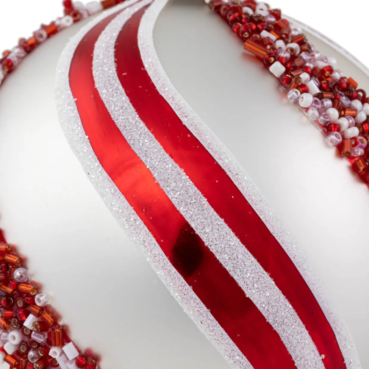 Set of 2 Silver with Red Glitter and Beads Striped Glass Christmas Ball Ornaments 4"