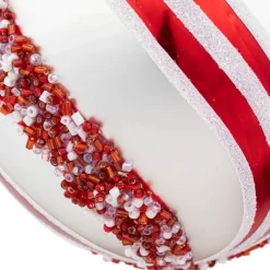 Set of 2 Silver with Red Glitter and Beads Striped Glass Christmas Ball Ornaments 4