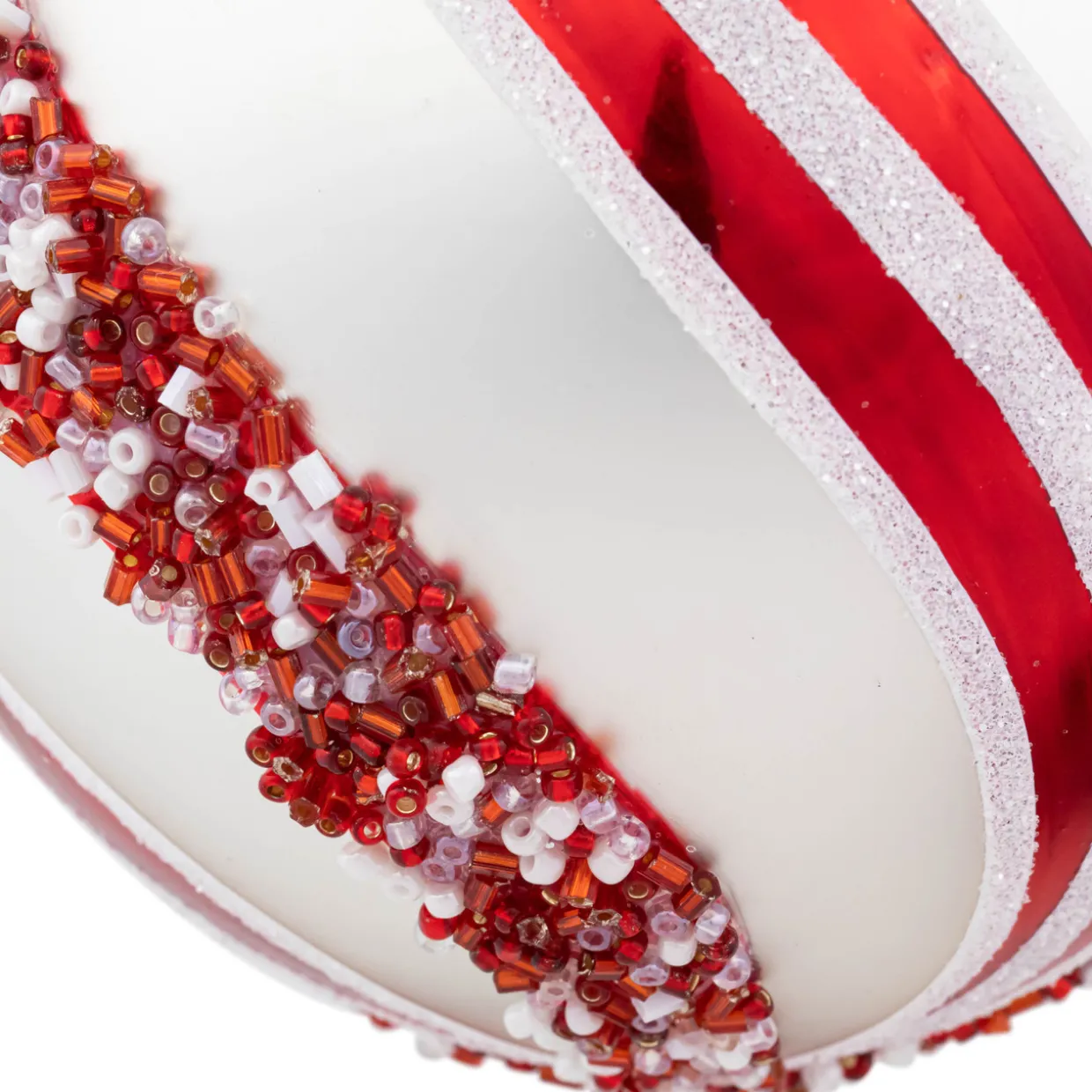 Set of 2 Silver with Red Glitter and Beads Striped Glass Christmas Ball Ornaments 4"