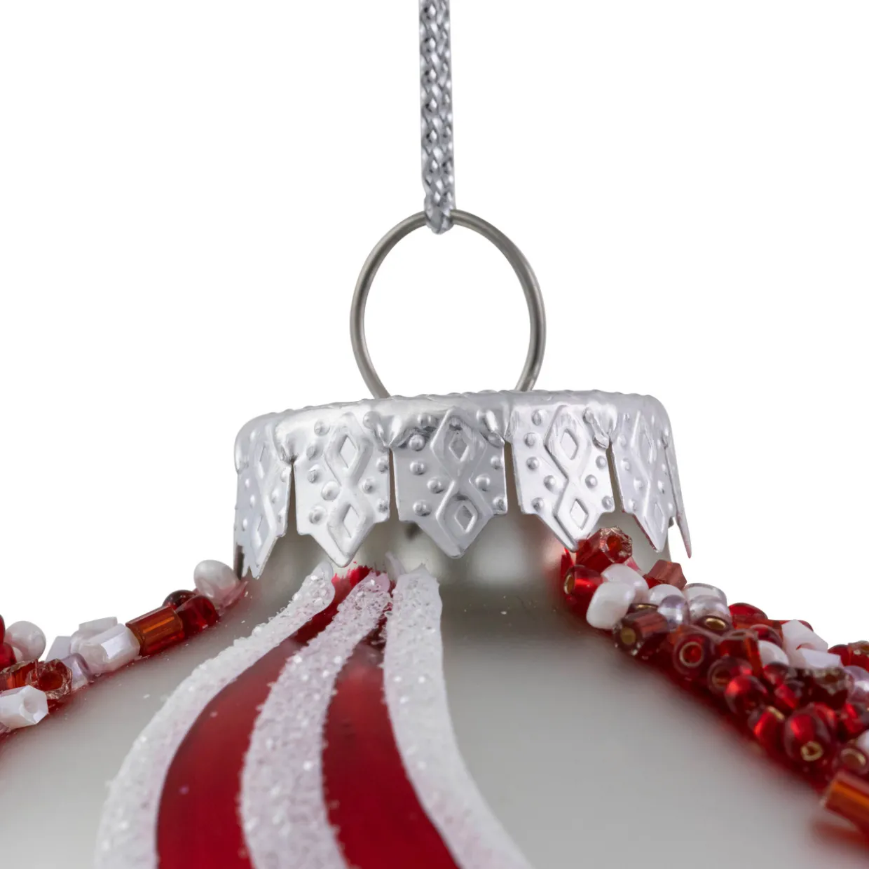 Set of 2 Silver with Red Glitter and Beads Striped Glass Christmas Ball Ornaments 4"