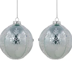 Set of 2 Sky Blue Glittered and Beaded Snowflake Glass Christmas Ball Ornaments 4"