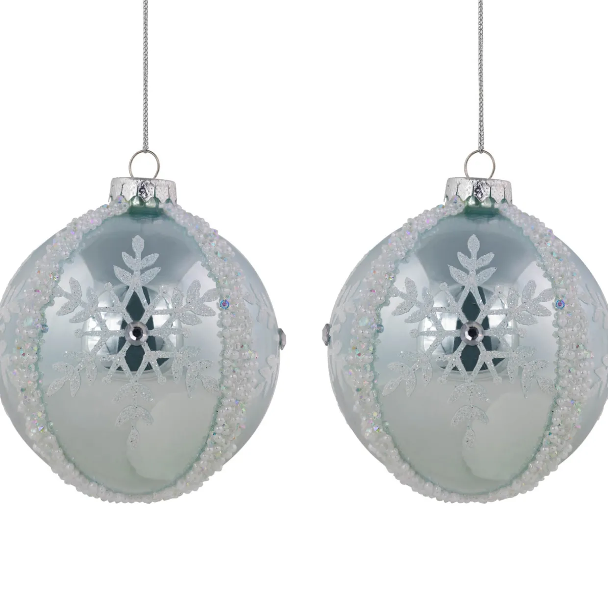 Set of 2 Sky Blue Glittered and Beaded Snowflake Glass Christmas Ball Ornaments 4"