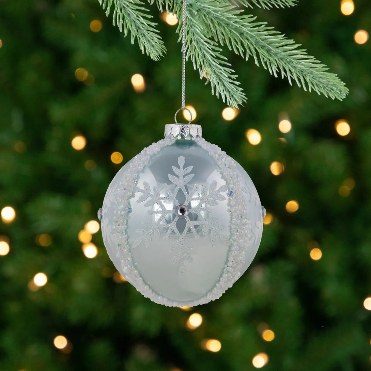 Set of 2 Sky Blue Glittered and Beaded Snowflake Glass Christmas Ball Ornaments 4"