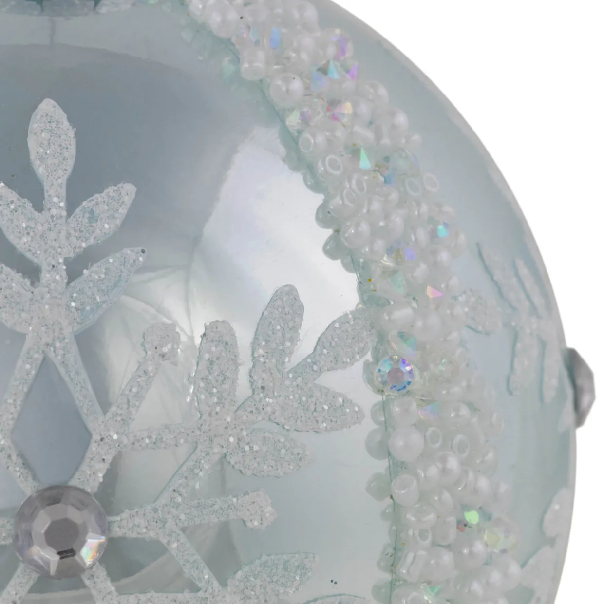 Set of 2 Sky Blue Glittered and Beaded Snowflake Glass Christmas Ball Ornaments 4"