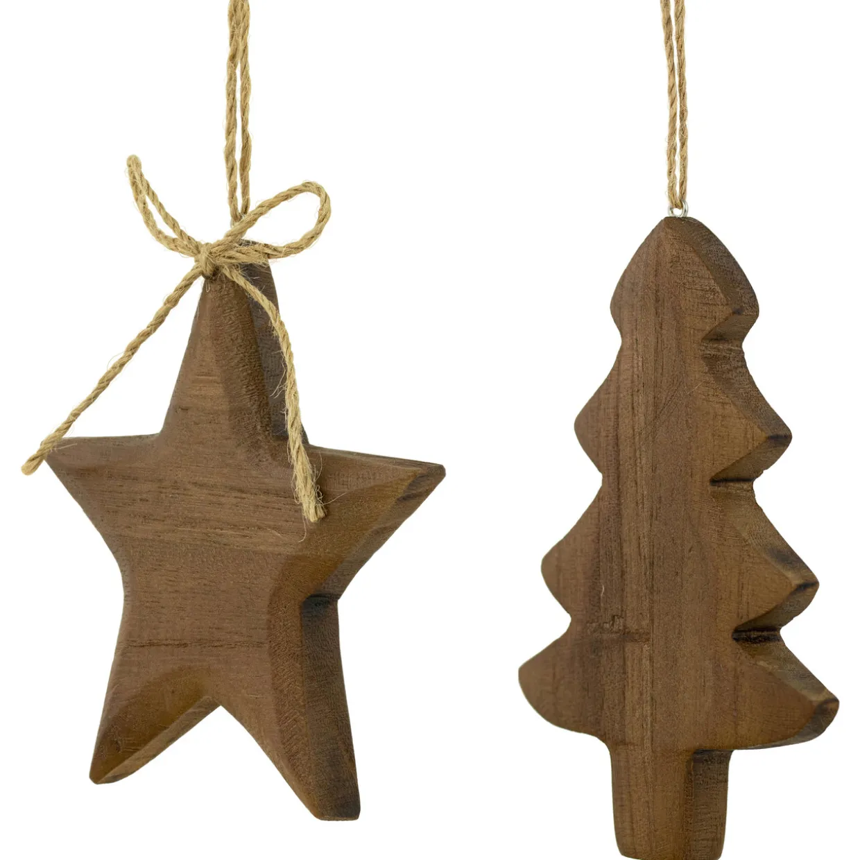 Set of 2 Tree and Star Wooden Christmas Ornaments 5"