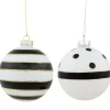 Set of 2 White and Black Striped Glass Christmas Ball Ornaments 4"