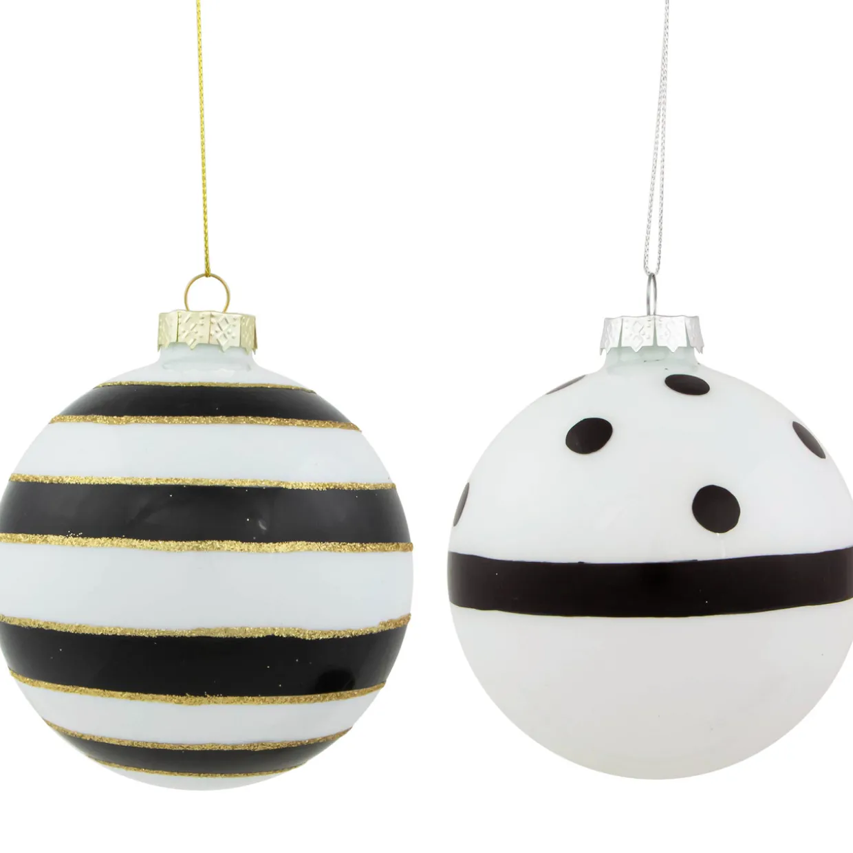 Set of 2 White and Black Striped Glass Christmas Ball Ornaments 4"