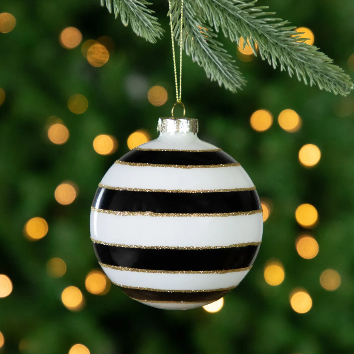 Set of 2 White and Black Striped Glass Christmas Ball Ornaments 4"