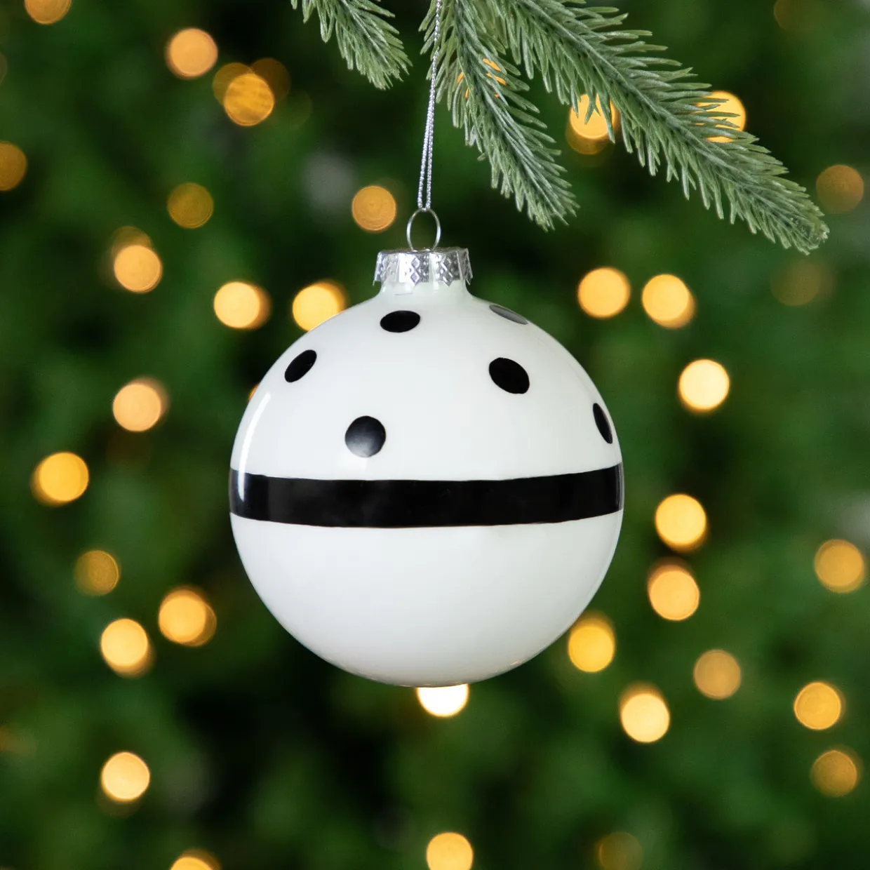 Set of 2 White and Black Striped Glass Christmas Ball Ornaments 4"