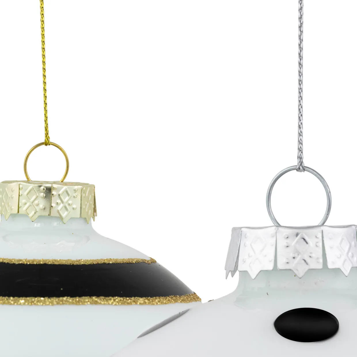 Set of 2 White and Black Striped Glass Christmas Ball Ornaments 4"