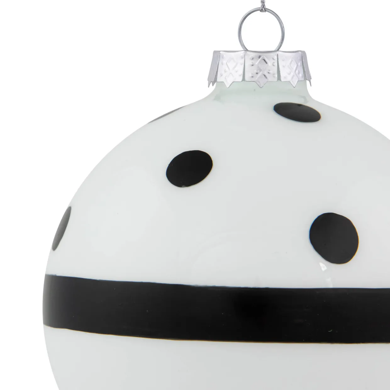 Set of 2 White and Black Striped Glass Christmas Ball Ornaments 4"