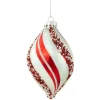 Set of 2 White and Red Glitter and Beads Striped Finial Glass Christmas Ornaments 5.5"