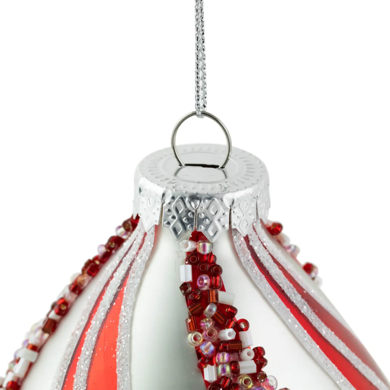 Set of 2 White and Red Glitter and Beads Striped Finial Glass Christmas Ornaments 5.5"