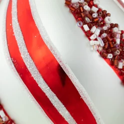 Set of 2 White and Red Glitter and Beads Striped Finial Glass Christmas Ornaments 5.5