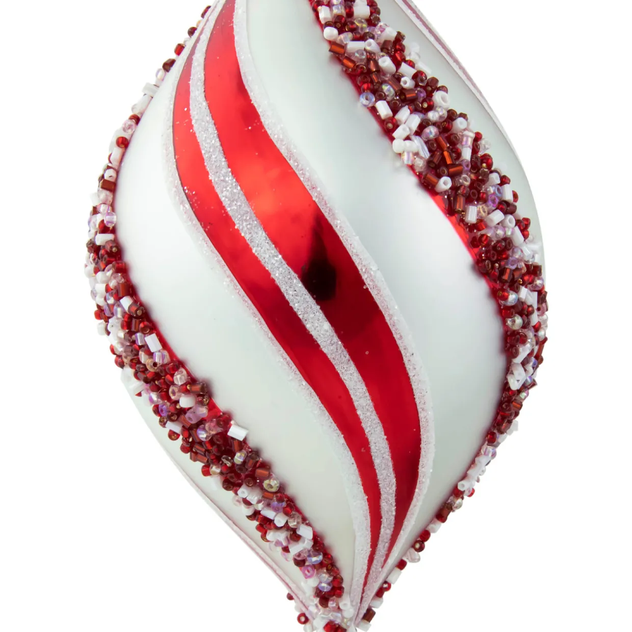 Set of 2 White and Red Glitter and Beads Striped Finial Glass Christmas Ornaments 5.5"