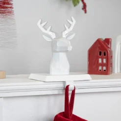 Set of 2 White Reindeer Head Christmas Stocking Holders 5.75"