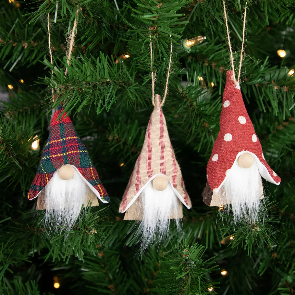Set of 3 Wooden Gnomes Christmas Ornaments 4"