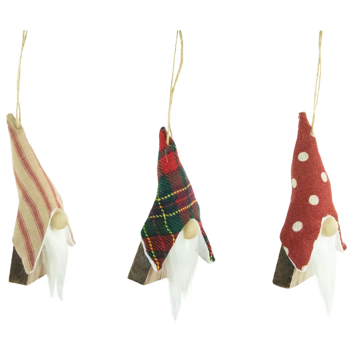 Set of 3 Wooden Gnomes Christmas Ornaments 4"