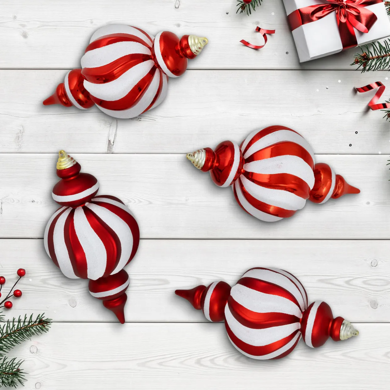 Shatterproof Commercial Size Finial Christmas Ornaments - 10" - Red and White - Set of 4