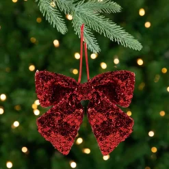 Shimmering Sequin Bow Christmas Hanging Ornament - 6" - Red