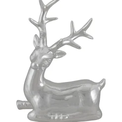 Shiny Ceramic Sitting Reindeer Christmas Decoration - 10" - Silver