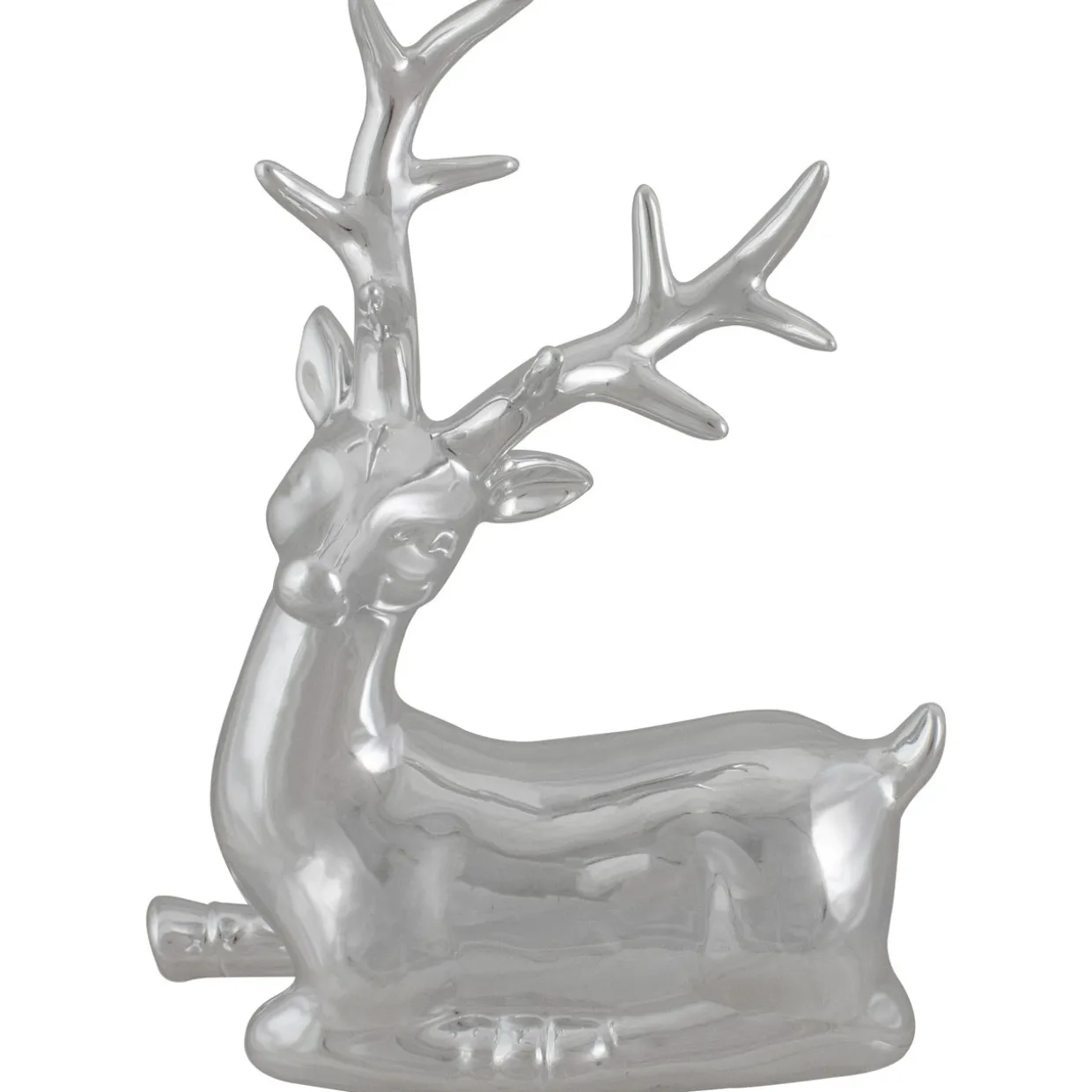 Shiny Ceramic Sitting Reindeer Christmas Decoration - 10" - Silver