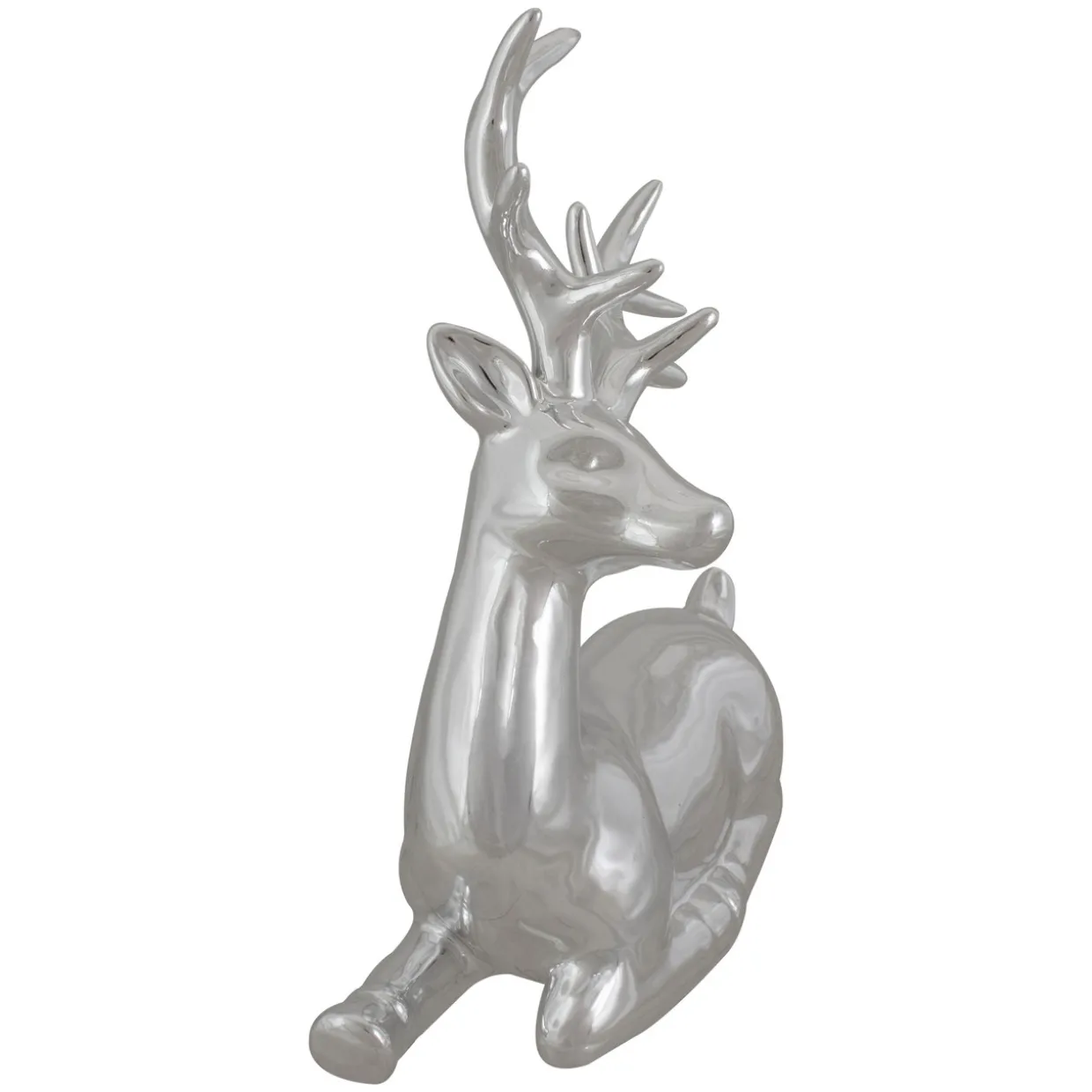 Shiny Ceramic Sitting Reindeer Christmas Decoration - 10" - Silver