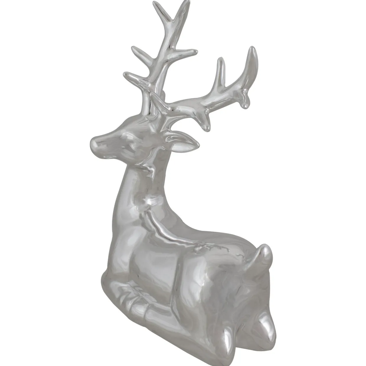 Shiny Ceramic Sitting Reindeer Christmas Decoration - 10" - Silver