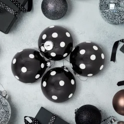Shiny Finish Polka Dots Christmas Glass Ball Ornaments - 3" (80mm) - Black and White - Set of 4