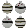 Shiny Finish Striped Christmas Glass Ball Ornaments - 3" (80mm) - White and Black - Set of 4
