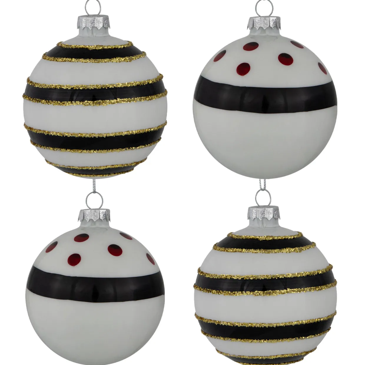 Shiny Finish Striped Christmas Glass Ball Ornaments - 3" (80mm) - White and Black - Set of 4