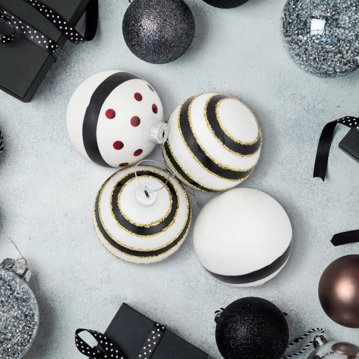 Shiny Finish Striped Christmas Glass Ball Ornaments - 3" (80mm) - White and Black - Set of 4