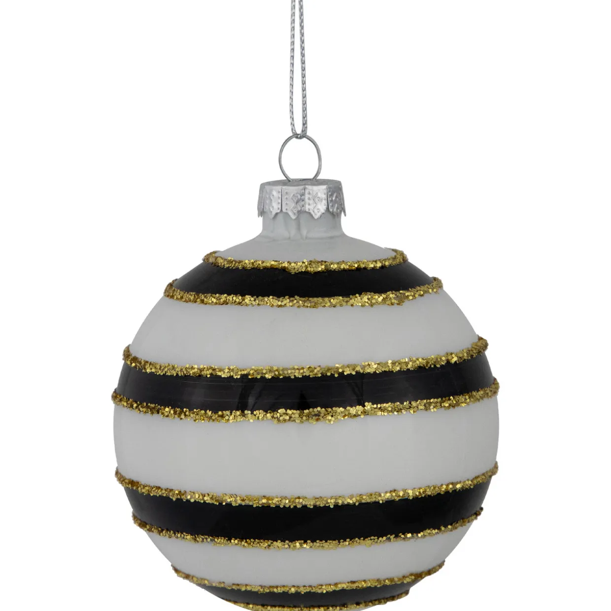 Shiny Finish Striped Christmas Glass Ball Ornaments - 3" (80mm) - White and Black - Set of 4