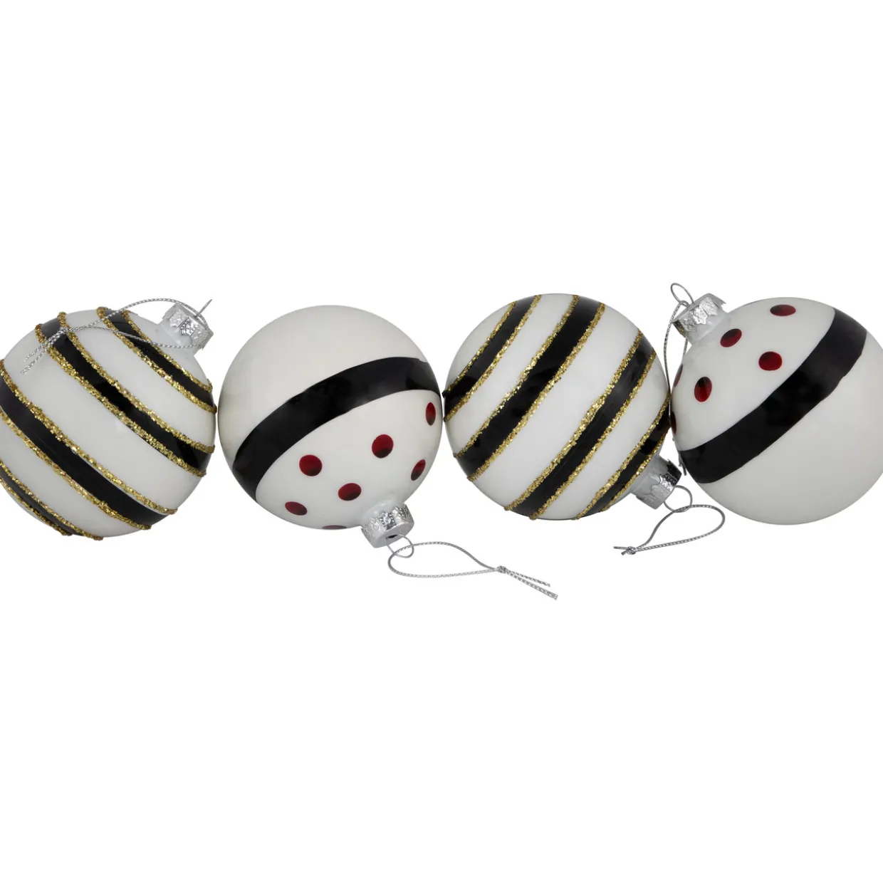 Shiny Finish Striped Christmas Glass Ball Ornaments - 3" (80mm) - White and Black - Set of 4