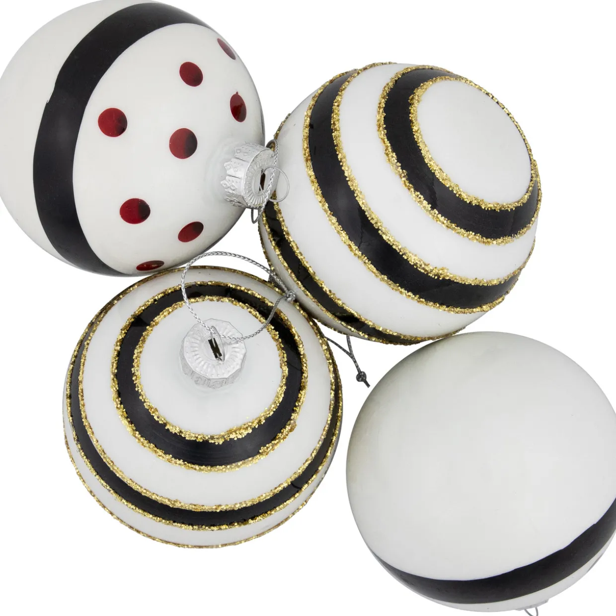 Shiny Finish Striped Christmas Glass Ball Ornaments - 3" (80mm) - White and Black - Set of 4