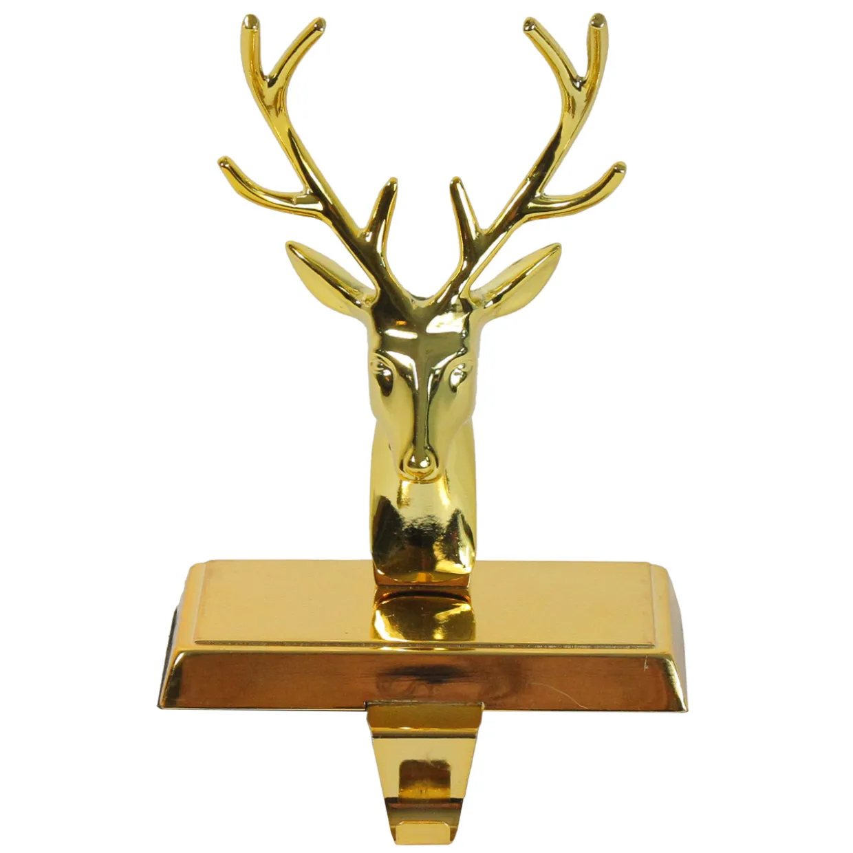 Shiny Metal Deer Head Christmas Stocking Holder - 8" - Gold Finish
