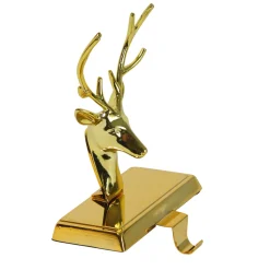 Shiny Metal Deer Head Christmas Stocking Holder - 8" - Gold Finish