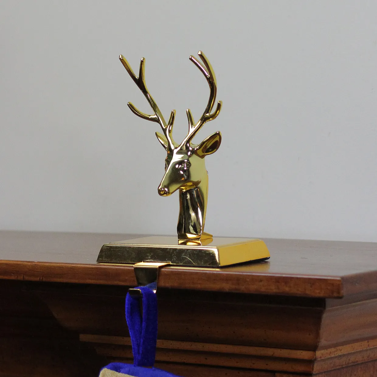 Shiny Metal Deer Head Christmas Stocking Holder - 8" - Gold Finish