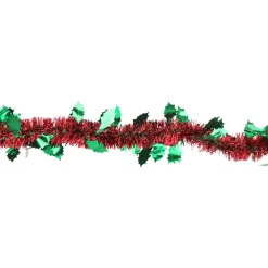 Shiny Tinsel Commercial Christmas Garland with Holly 50' - Red and Green - Unlit