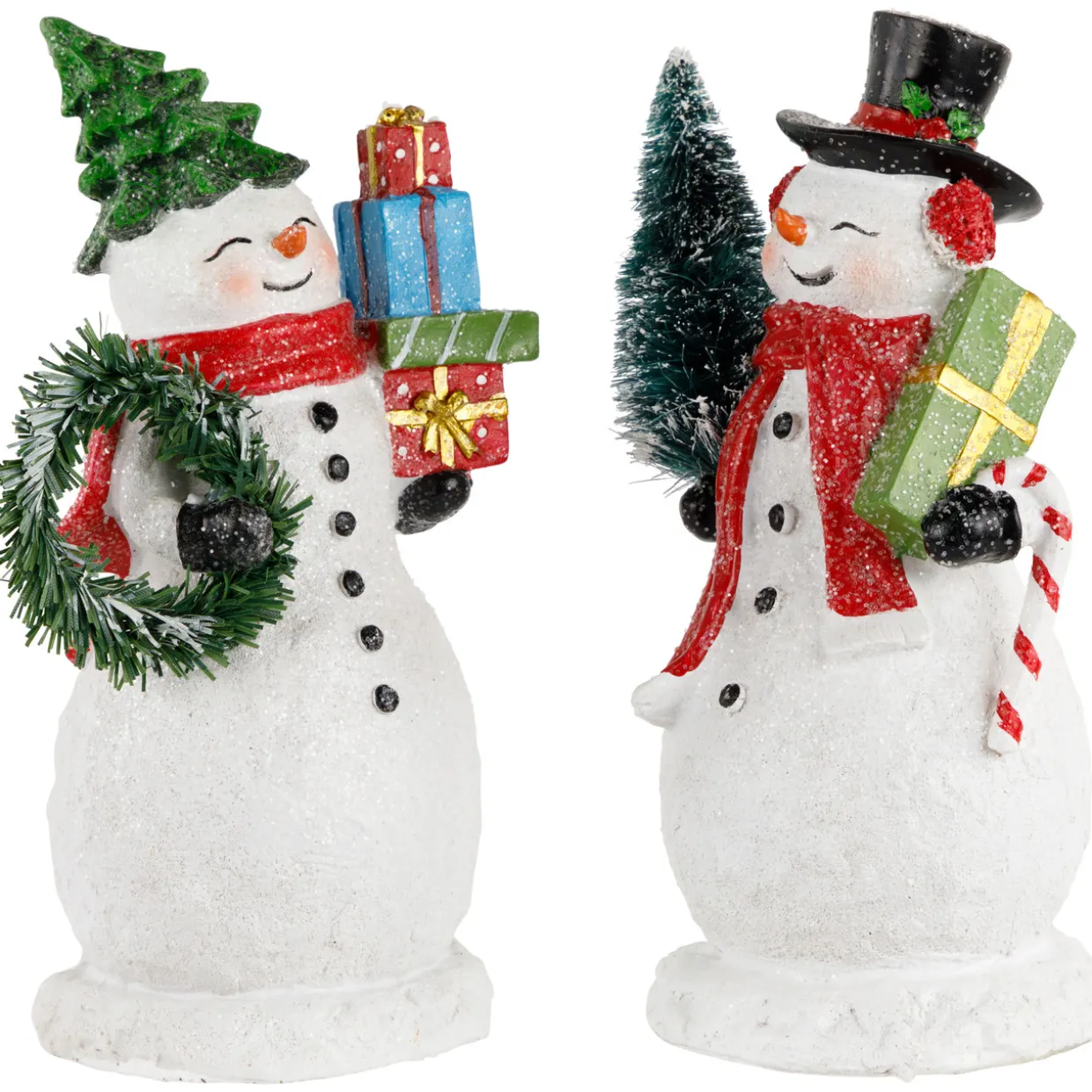 Shopping Snowmen Couple with Presents Christmas Figurines - 8" - Set of 2