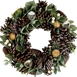 Silver and Green Mixed Foliage and Pinecone Christmas Wreath, 13.5-Inch, Unlit