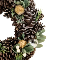 Silver and Green Mixed Foliage and Pinecone Christmas Wreath, 13.5-Inch, Unlit