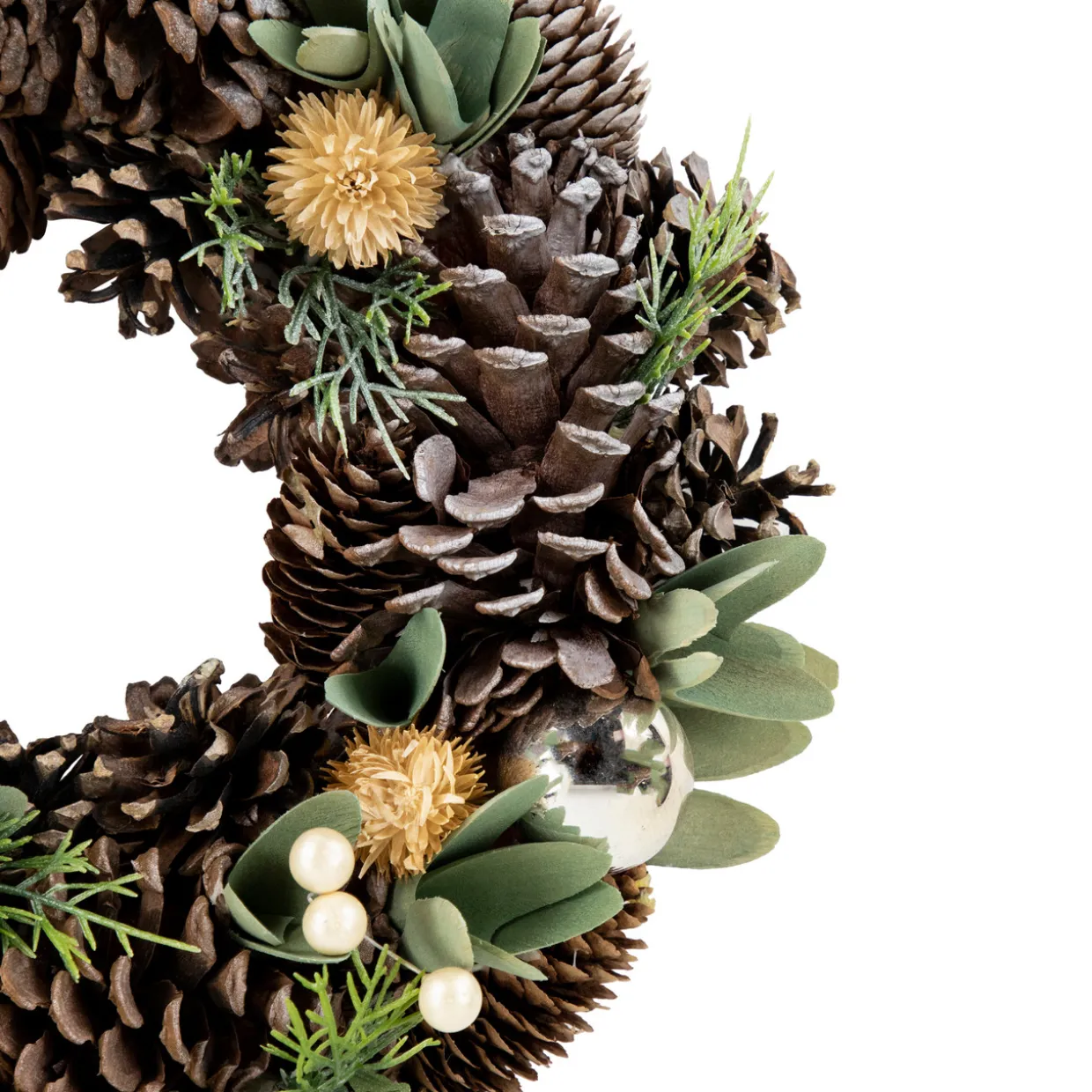 Silver and Green Mixed Foliage and Pinecone Christmas Wreath, 13.5-Inch, Unlit
