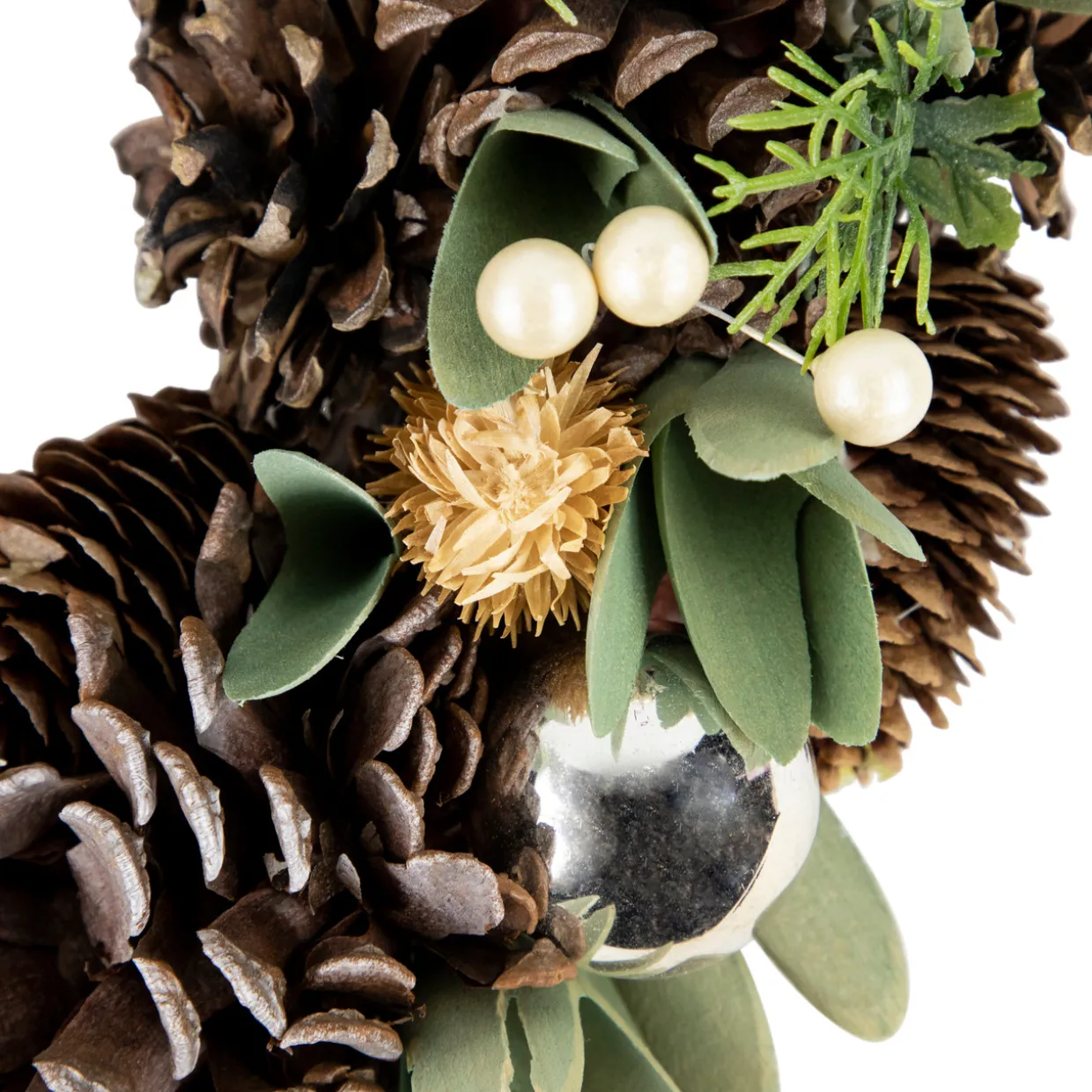 Silver and Green Mixed Foliage and Pinecone Christmas Wreath, 13.5-Inch, Unlit
