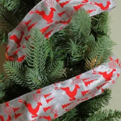 Silver and Red Flying Reindeer Wired Christmas Craft Ribbon 2.5