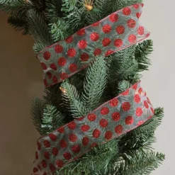 Silver and Red Glittering Polka Dots Christmas Wired Craft Ribbon 2.5