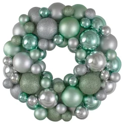 Silver and Seafoam Green 3-Finish Shatterproof Ball Christmas Wreath, 13-Inch